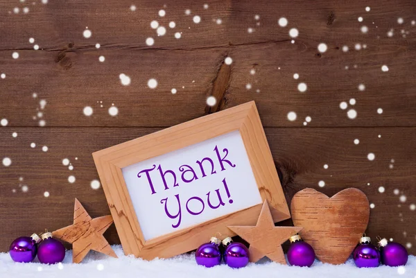 Lila Weihnachtsdekoration Text Danke, Schneeflocken — Stockfoto