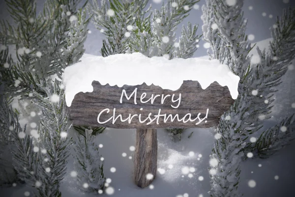 Sign Snowflakes Fir Tree Text Merry Christmas — Zdjęcie stockowe