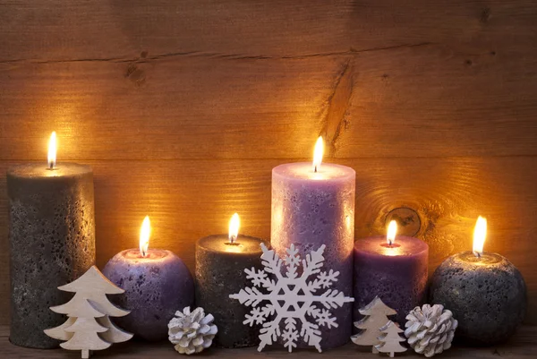 Christmas Decoration With Puprle And Black Candles, Snowflake — Stok fotoğraf