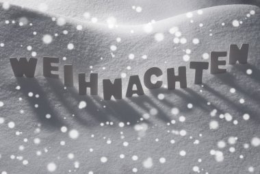 White Word Weihnachten Means Christmas On Snow, Snowflakes