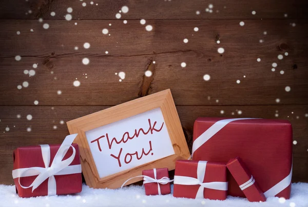 Red Christmas Decoration, Gifts, Snow, Thank You, Snowflakes — Stockfoto