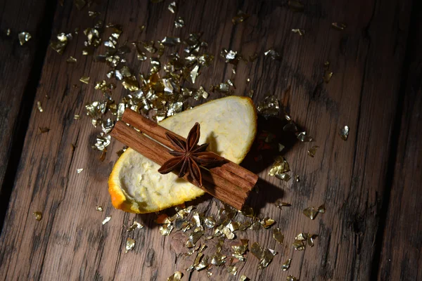 Christmas Food Decoration, Glitter, Orange Cinnamon, Anise — Stock Photo, Image