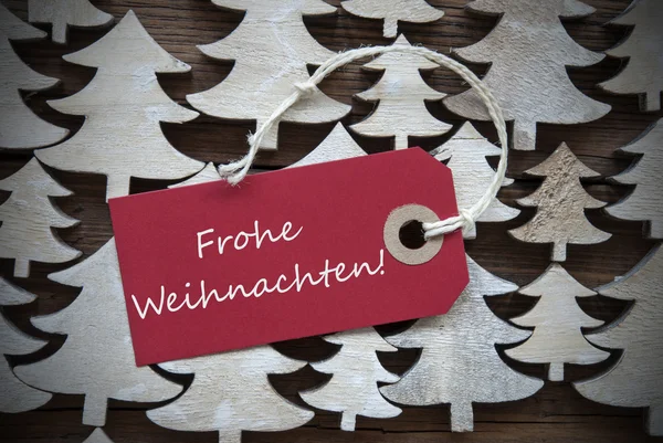 Etiqueta roja Frohe Weihnachten Media Feliz Navidad —  Fotos de Stock