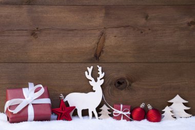 Golden Christmas Decoration, Snow, Tree, Reindeer And Gift