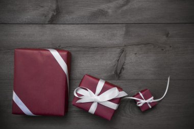 Three Red Christmas Gifts, Presents, Ribbon, Gray Background