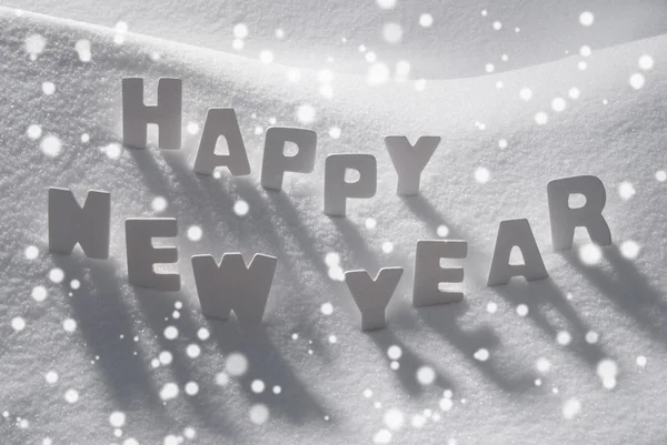 White Christmas Word Happy New Year On Snow, Snowflakes — стокове фото