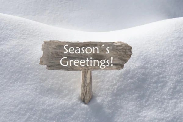 Christmas Sign With Snow Text Seasons Greetings — 스톡 사진