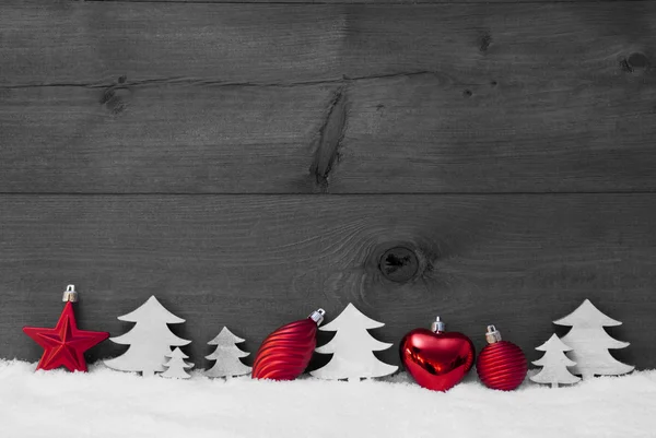 Red, Gray Christmas Decoration, Snow, Copy Space, Ball, Tree — Stockfoto