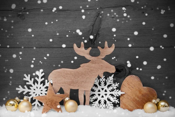 Golden Gray Christmas Decoration, Snow, Moose, Hear, Snowflakes — ストック写真