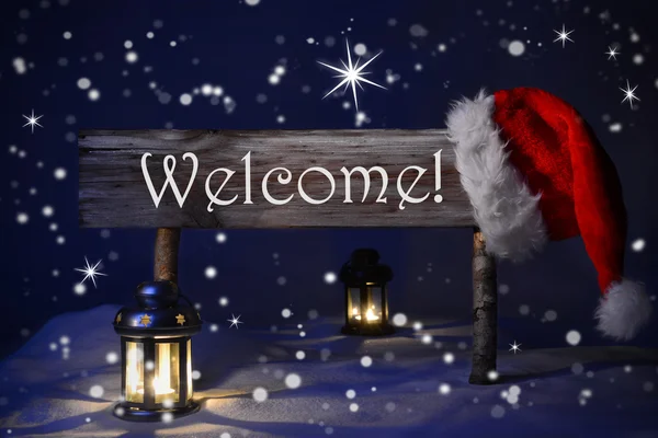 Christmas Sign Candlelight Santa Hat Welcome — Φωτογραφία Αρχείου