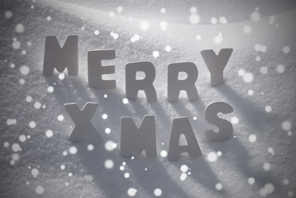 White Christmas Text Merry Xmas On Snow, Snowflakes — Stockfoto