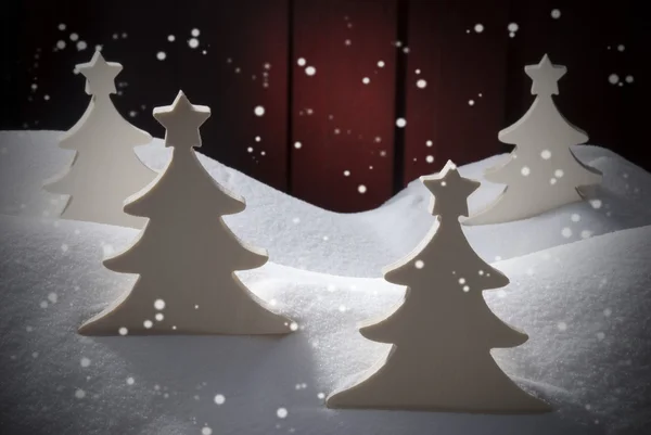 Four White Wooden Christmas Trees, Snow, Snowflakes — ストック写真