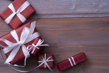 Red Christmas Gifts, Presents, White Ribbon, Copy Space