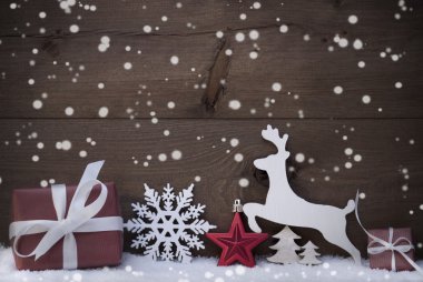 Red Christmas Decoration, Snowflakes, Snow, Reindeer And Gift