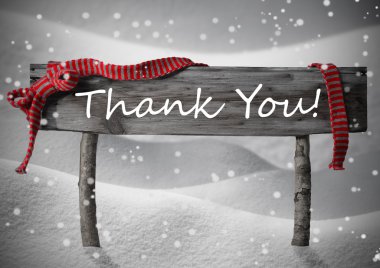 Gray Christmas Sign Thank You, Snow, Red Ribbon, Snowflakes