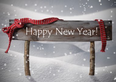 Brown Christmas Sign Happy New Year Snow, Red Ribbon, Snowflake