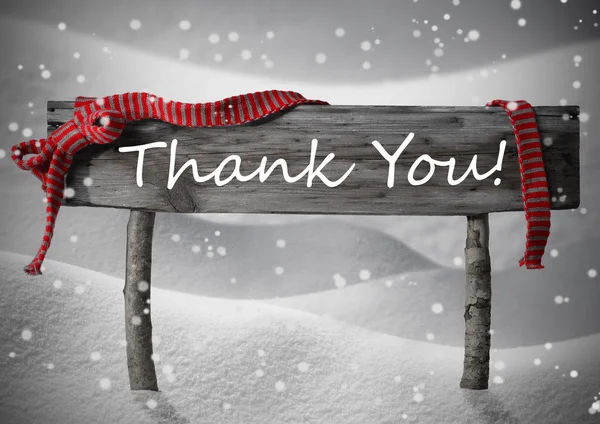 Gray Christmas Sign Thank You, Snow, Red Ribbon, Snowflakes — стокове фото