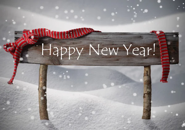 Brown Christmas Sign Happy New Year Snow, Red Ribbon, Snowflake — Stock fotografie