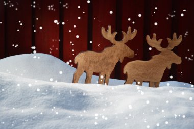 Noel kartı kar, geyik Coyple ve kopya alanı, kar taneleri