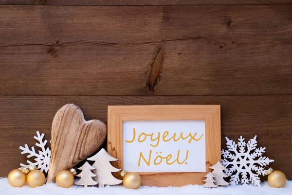 Golden Decoration, Snow, Joyeux Noel Mean Merry Christmas — Zdjęcie stockowe