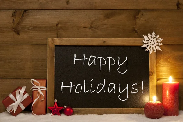 お祝いクリスマス カード、黒板、雪、キャンドル、幸せな休日 — ストック写真