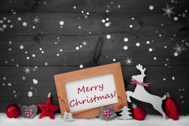 Red Decoration, Merry Christmas, Snow, Gray Background, Stars
