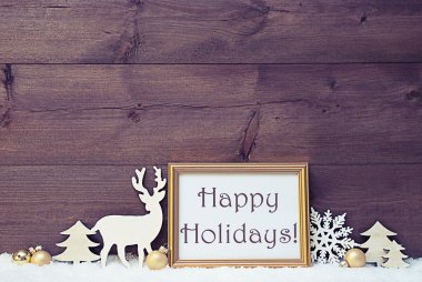 Vintage White And Golden Christmas Card, Snow, Happy Holidays