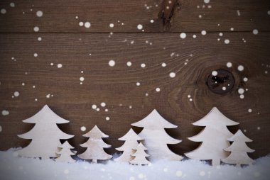 Wooden Christmas Trees On Snow, Copy Space, Snowflakes