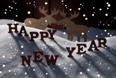 Christmas Card With Moose Couple And Snow, New Year, Snowflakes