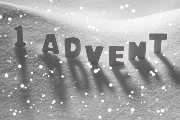 White Word 1 Advent Means Christmas Time On Snow, Snowflakes — 图库照片