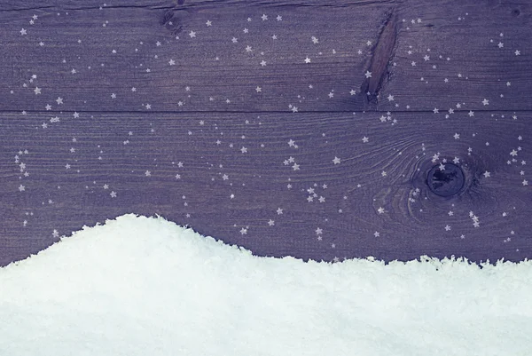 Holzstruktur mit Schnee, Vintage-Stil, Schneeflocken — Stockfoto