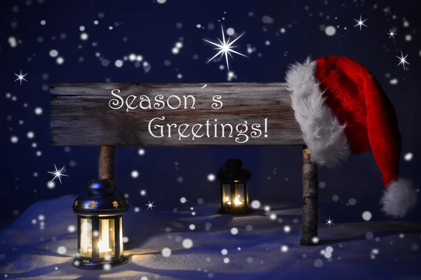 Christmas Sign Candlelight Santa Hat Seasons Greetings — Stockfoto