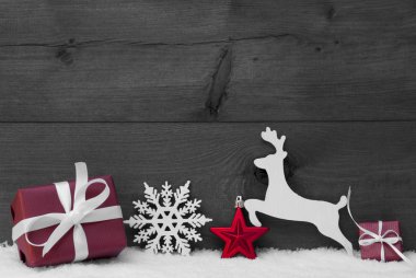 Gray Christmas Card With Red Decoration, Copy Space, Snow