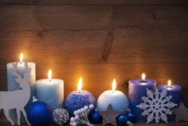 Christmas Card With Blue Candles, Reindeer, Ball