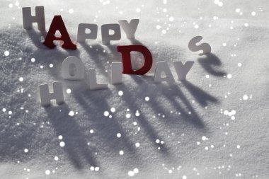 Christmas Card With White And Red Letters, Happy Holidays, Snow
