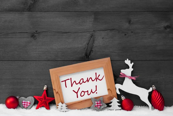 Rote Weihnachtsdekoration, Danke, Schnee, grauer Hintergrund — Stockfoto