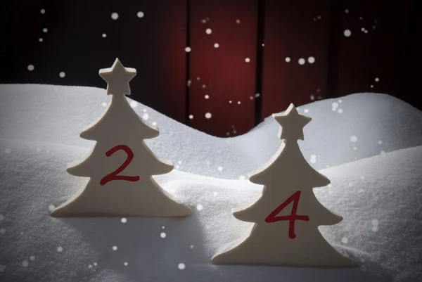 Two White Christmas Trees, Snow, Snowflakes, Numbers 2, 4 — Φωτογραφία Αρχείου