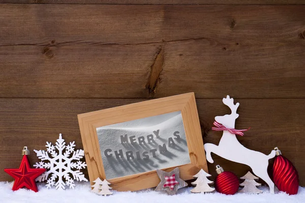 Red Christmas Card On Snow, Merry Christmas, Reindeer And Ball — Φωτογραφία Αρχείου
