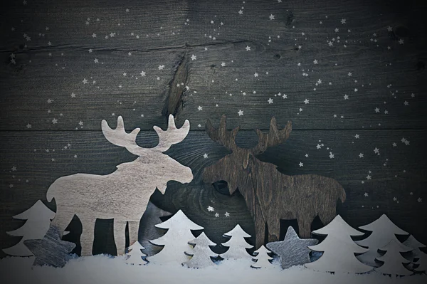 Vintage Weihnachtsdekoration, verliebtes Elchpaar, Schneeflocken — Stockfoto