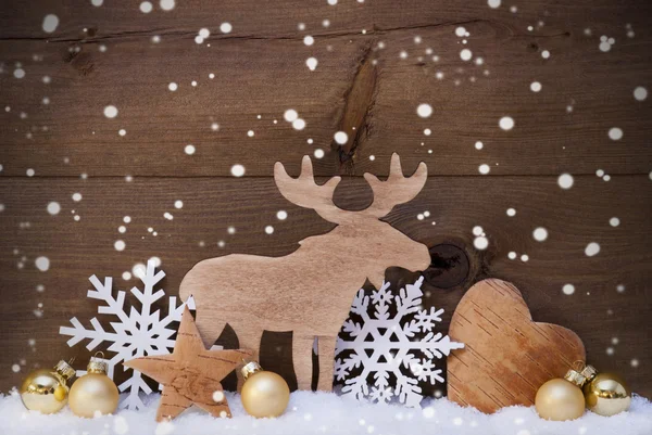 Golden Christmas Decoration, Snow, Moose, Hear, Snowflakes — ストック写真