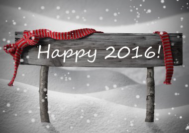 Gray Christmas Sign Happy 2016, Snow, Red Ribbon, Snowflakes