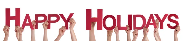 People Hands Holding Red Straight Word Happy Holidays — 스톡 사진