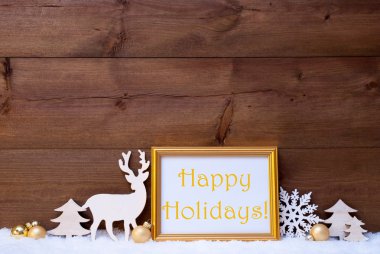 White And Golden Christmas Card, Snow, Happy Holidays