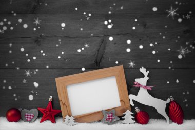 Gray Christmas Card With Red Decoration, Copy Space, Snowfalkes