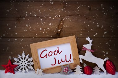 God Jul Mean Merry Christmas, Red Decoration Reindeer And Ball