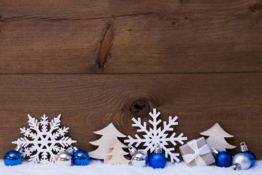 Blue Christmas Card With Decoration, Copy Space, Snow