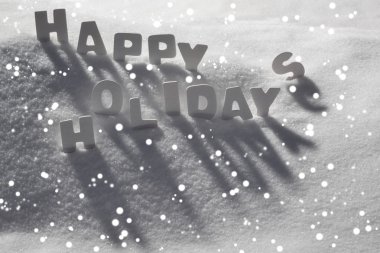 White Christmas Card, Text Happy Holidays On Snow, Snowflakes