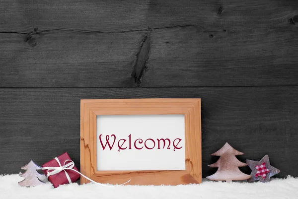 Gray Frame With Christmas Decoration, Snow, Welcome — Stockfoto