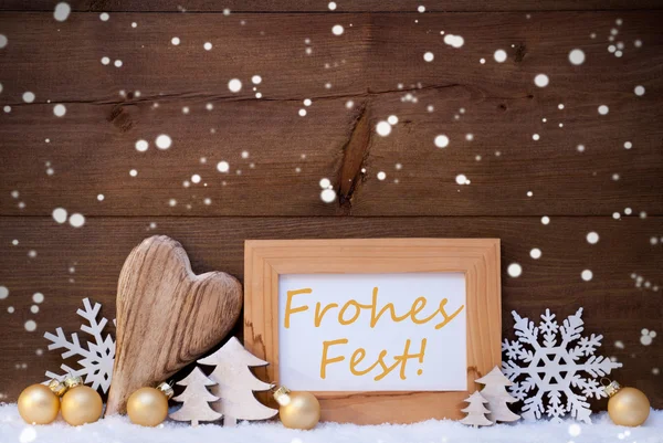Golden Decoration, Snow, Frohes Fest Means Christmas, Snowflakes — стокове фото