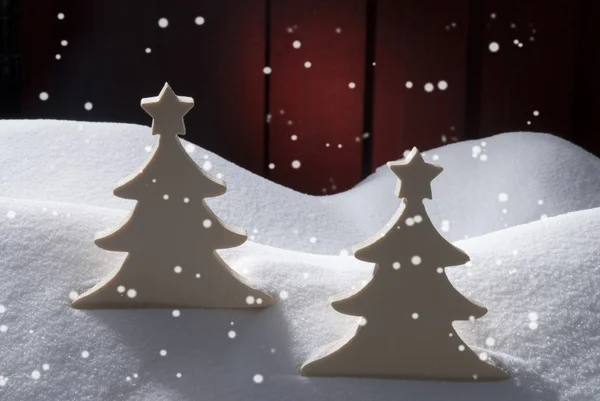 Two White Wooden Christmas Trees, Snow, Snowflakes — Φωτογραφία Αρχείου